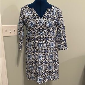 Boden Blue and White Sheath Dress with Notched Collar